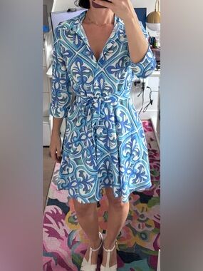 Blue Patterned Shirt Dress with Tie Waist